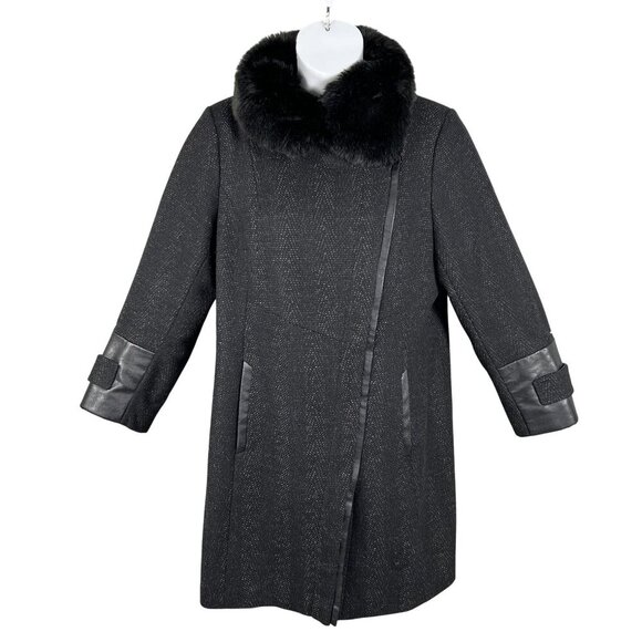 Via Spiga Women 16W Black Wool Blend Faux Fur Collar Asymmetrical Coat Old Money - Picture 1 of 16